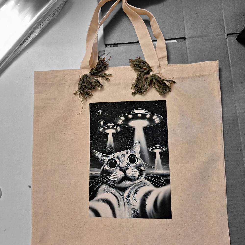 Cat and UFO Canvas Tote Bag